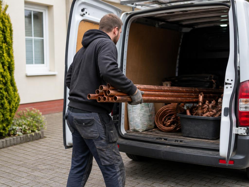 Tradesman loading copper pipes into a work van outside a house
