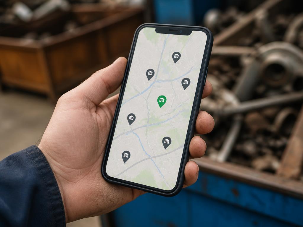 Phone showing nearby scrap yards on a map with the best price highlighted