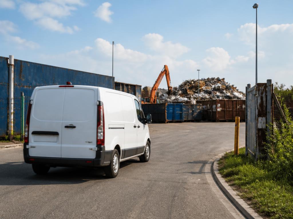 Work van driving towards an industrial scrap yard