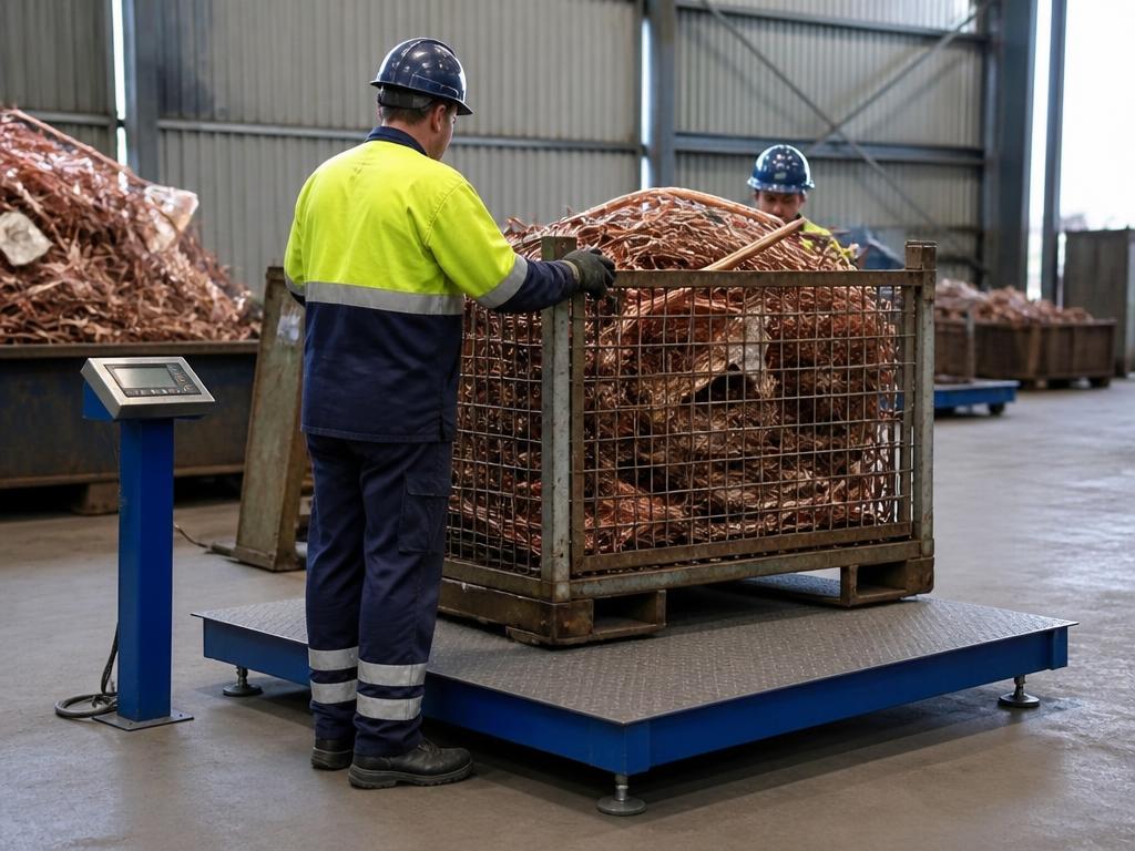 Scrap yard staff weighing a crate of copper on an industrial scale